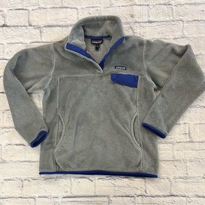 Patagonia ladies sz M jacket snap collar, pullover. Gray fleece with blue trim.